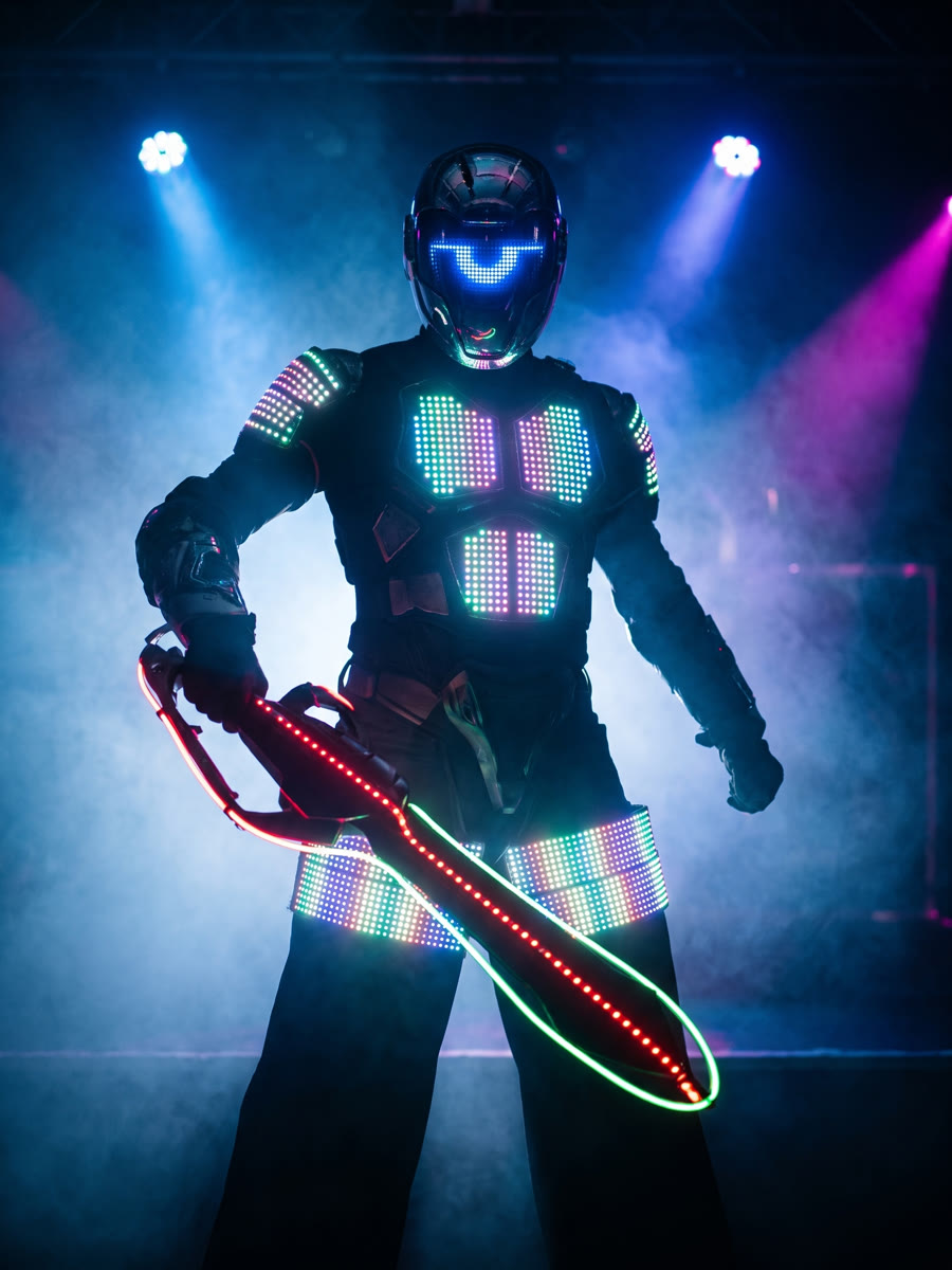 LED-Roboter mit Pixel-Panels und leuchtendem Lichtschwert