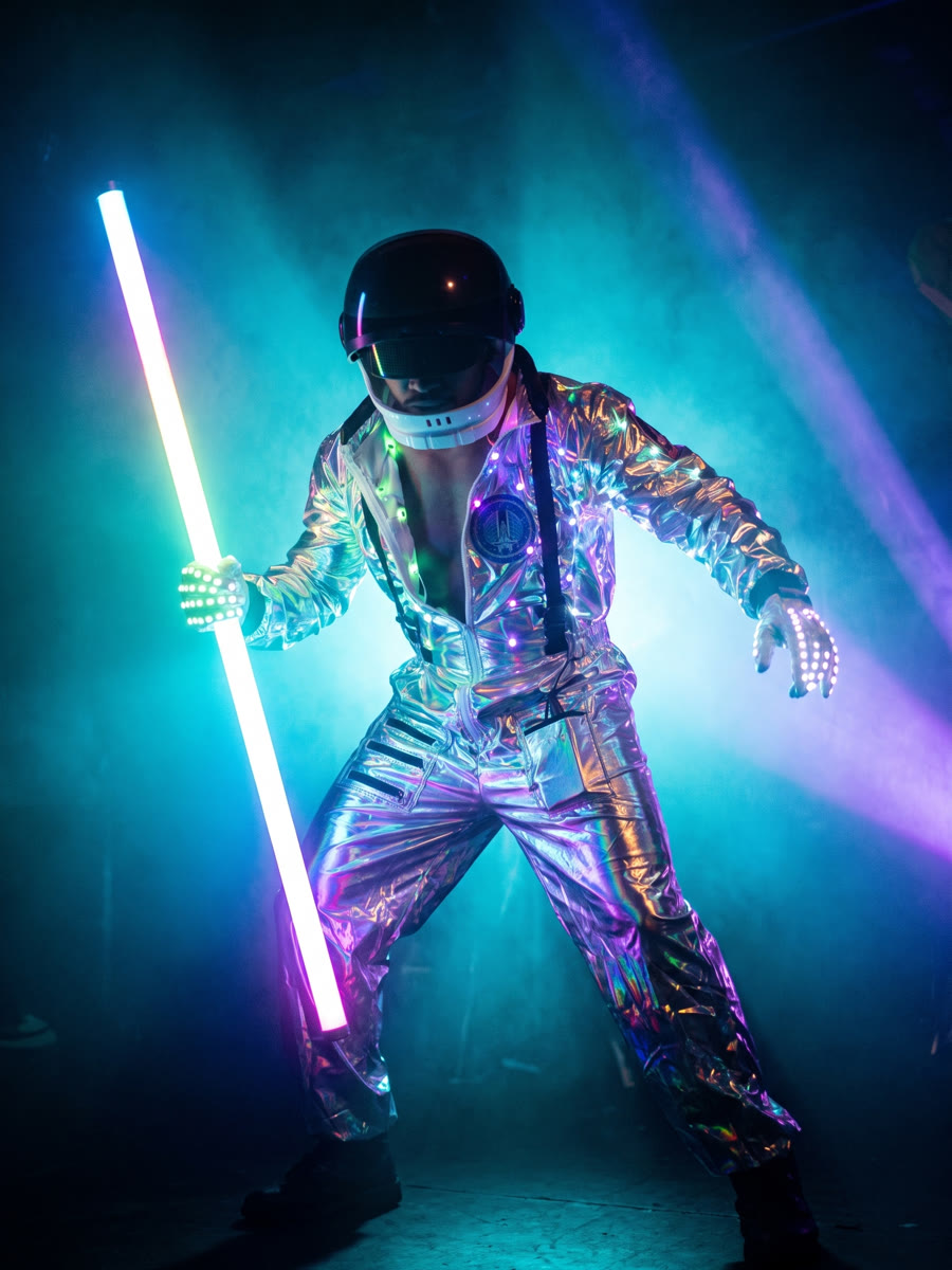 Astronaut in holografischem Anzug mit Lichtschwert