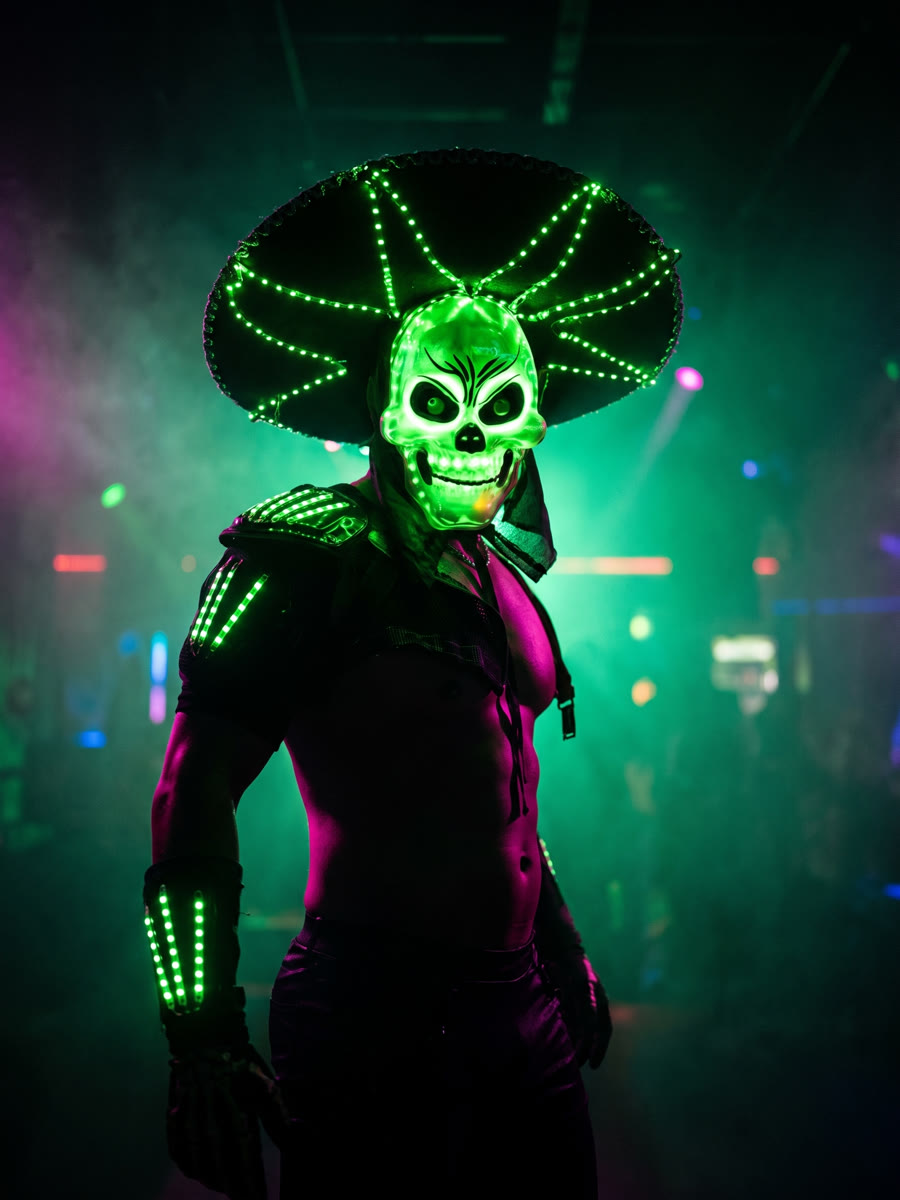 LED-Sombrero und leuchtende Totenkopfmaske