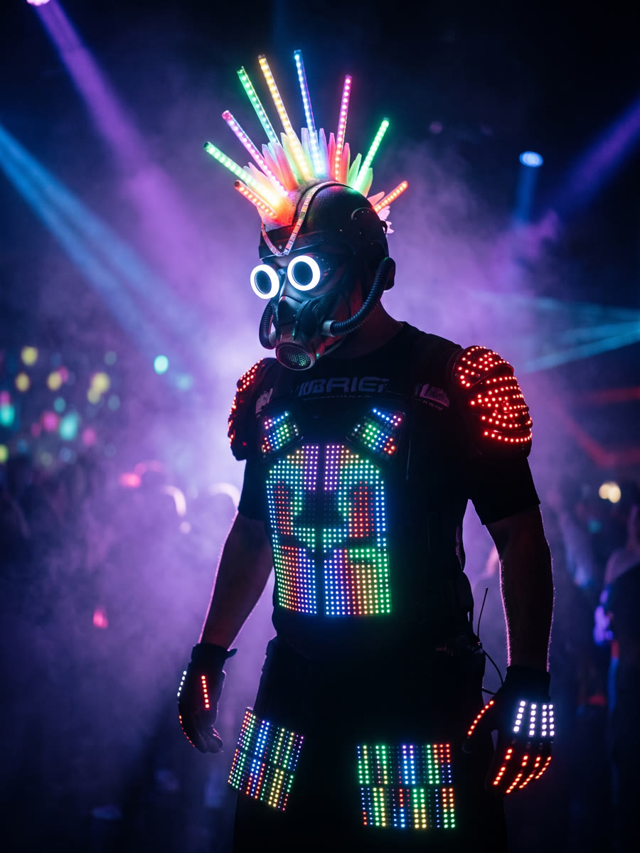 LED-Punk-Helm mit Röhren-Irokese und Ring-Brille