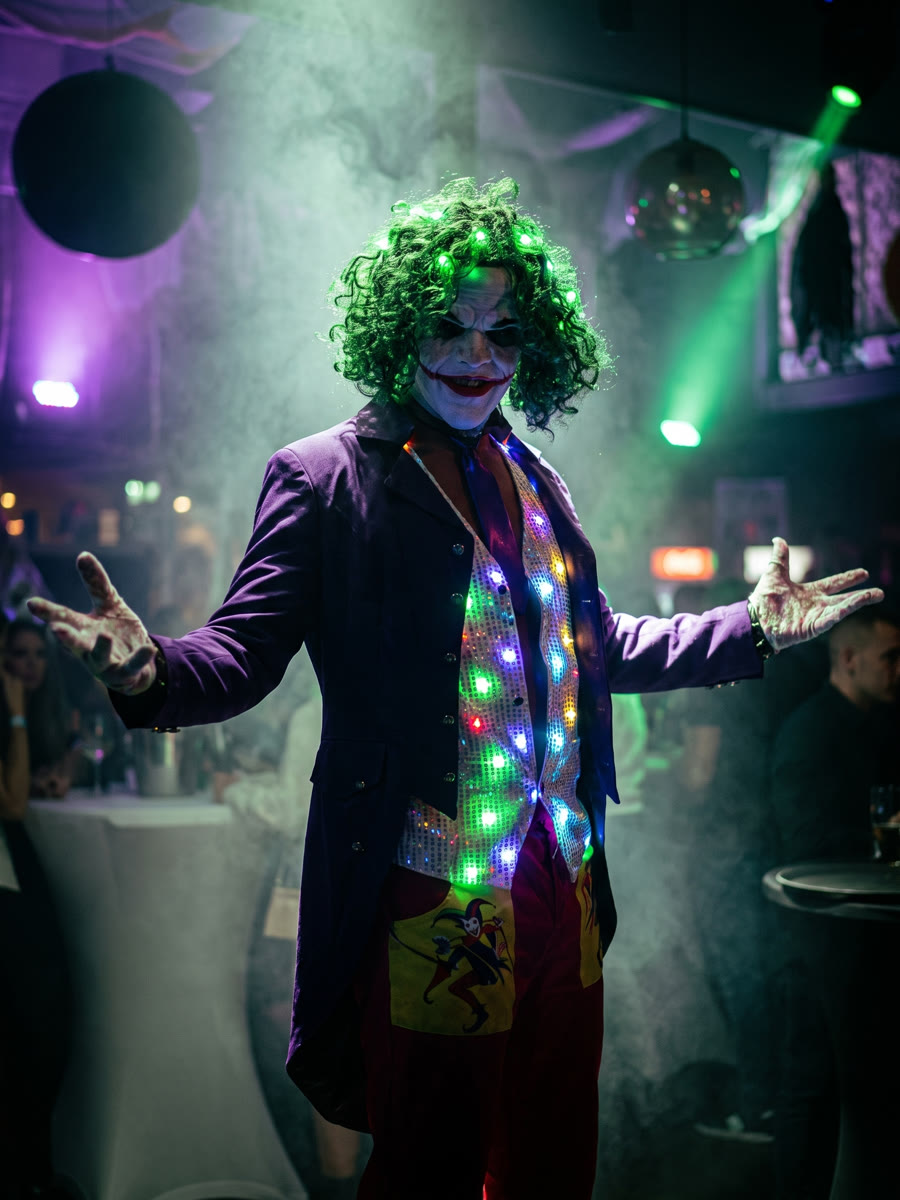 Clown-Prinz mit leuchtend grünen Haaren und LED-Mantel