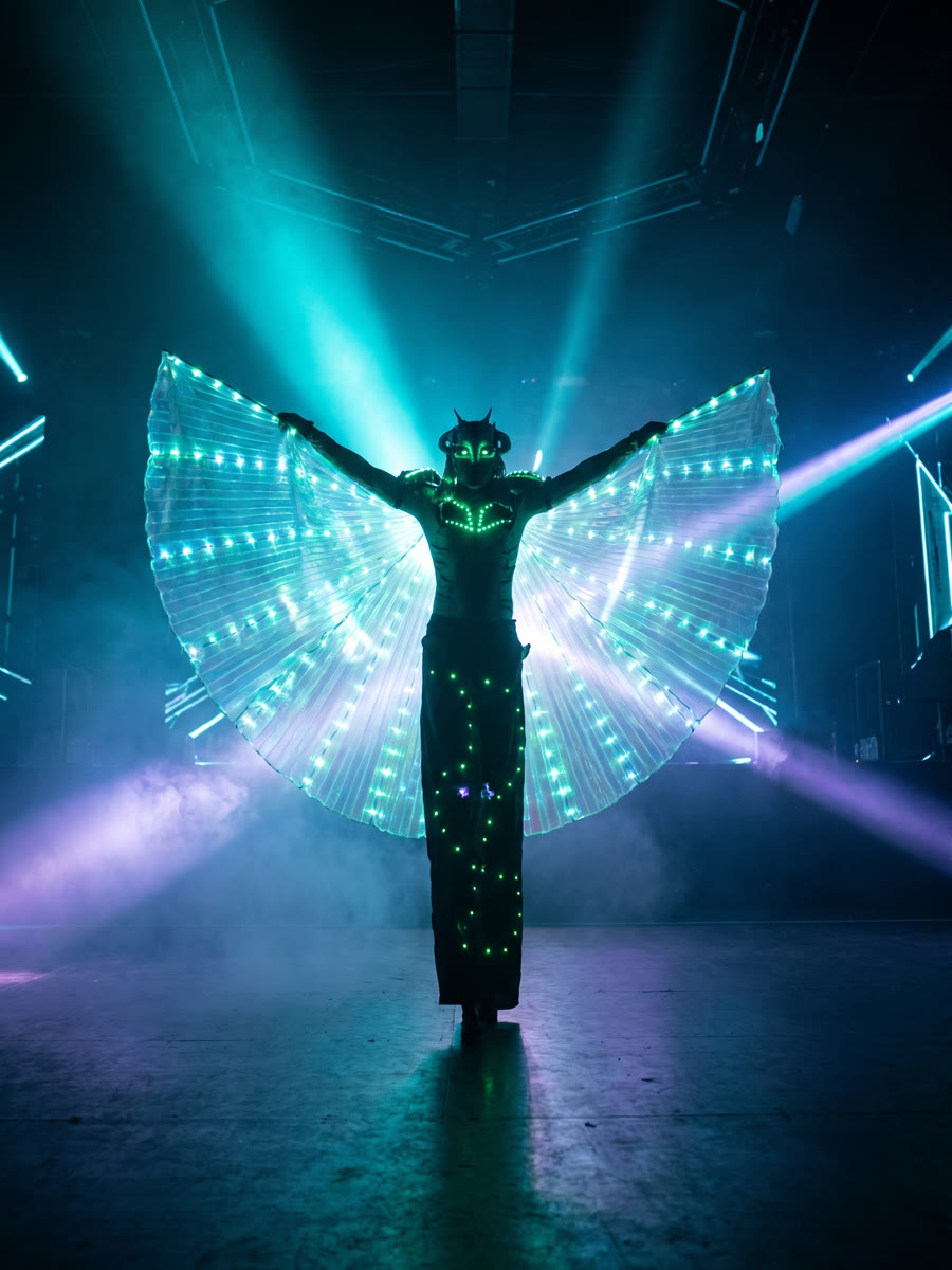 Performer mit riesigen LED-Flügeln