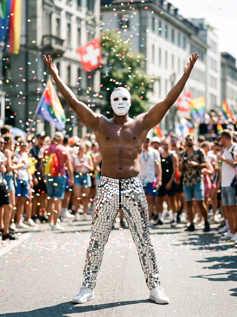 Performer mit weisser Maske und Spiegelhose an der Street Parade