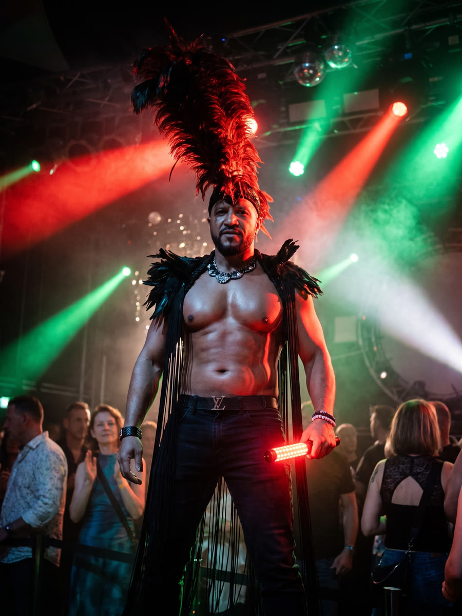 Performer mit rotem Federkopfschmuck und LED-Stab