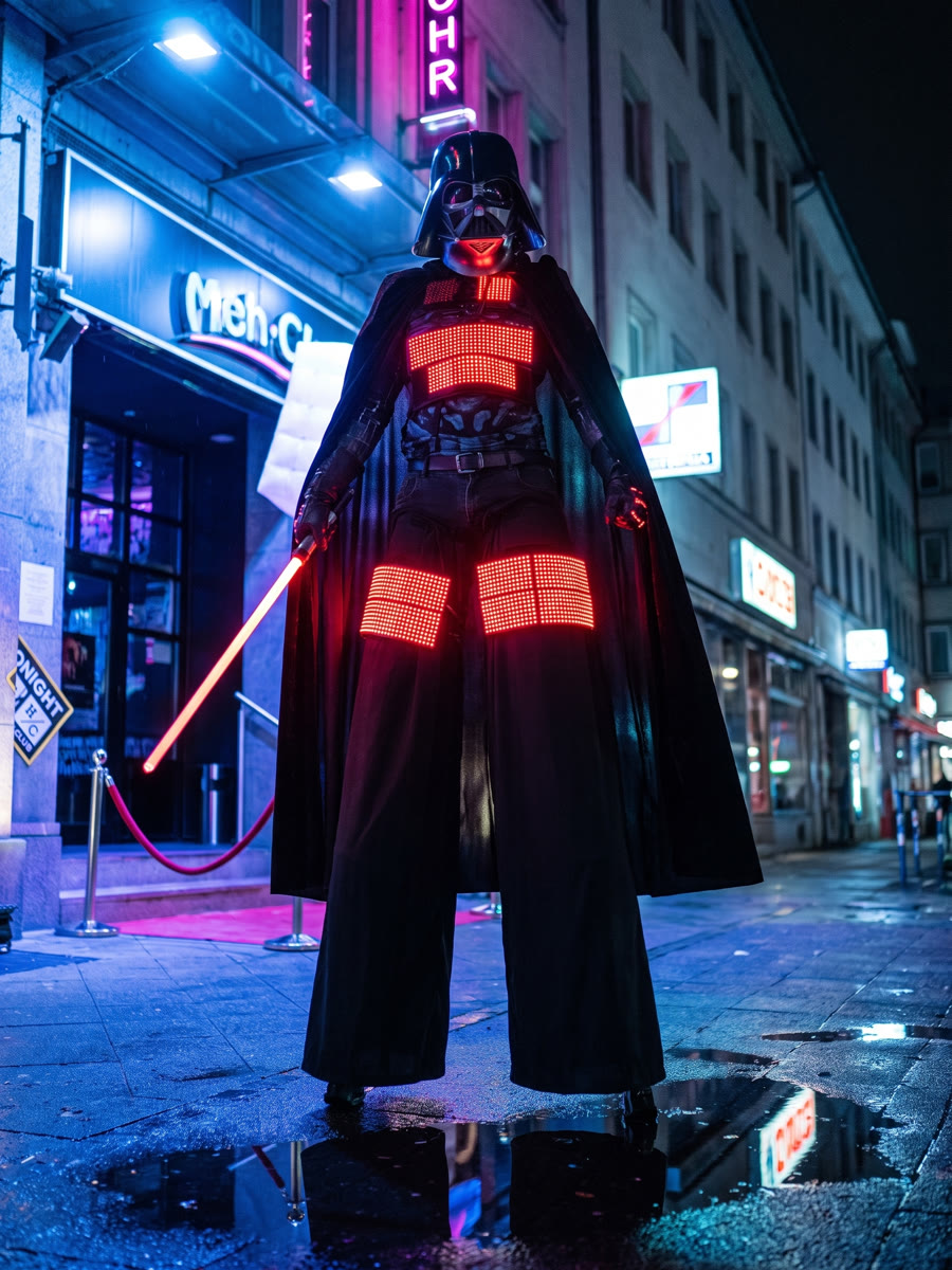 Schwarzer Helm mit Umhang, rote LED-Pixel-Panels und rotes Lichtschwert, auf Stelzen