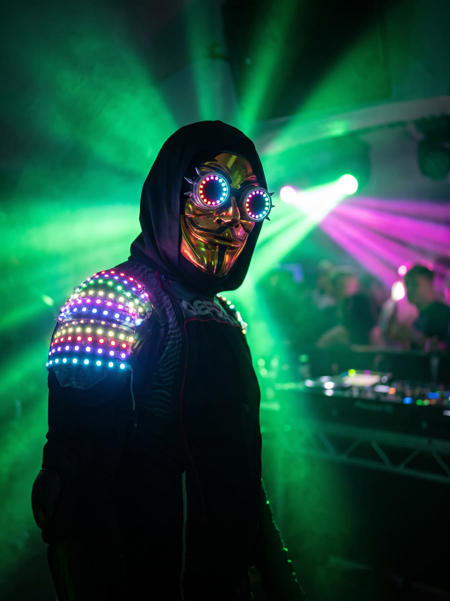 Goldene Maske mit LED-Ring-Brille, Kapuze und LED-Schulterpolstern