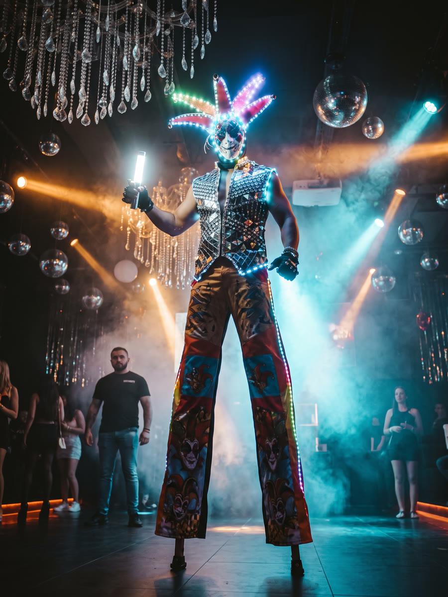 Jester mit LED-Narrenkappe, bemalter Maske und Spiegelweste